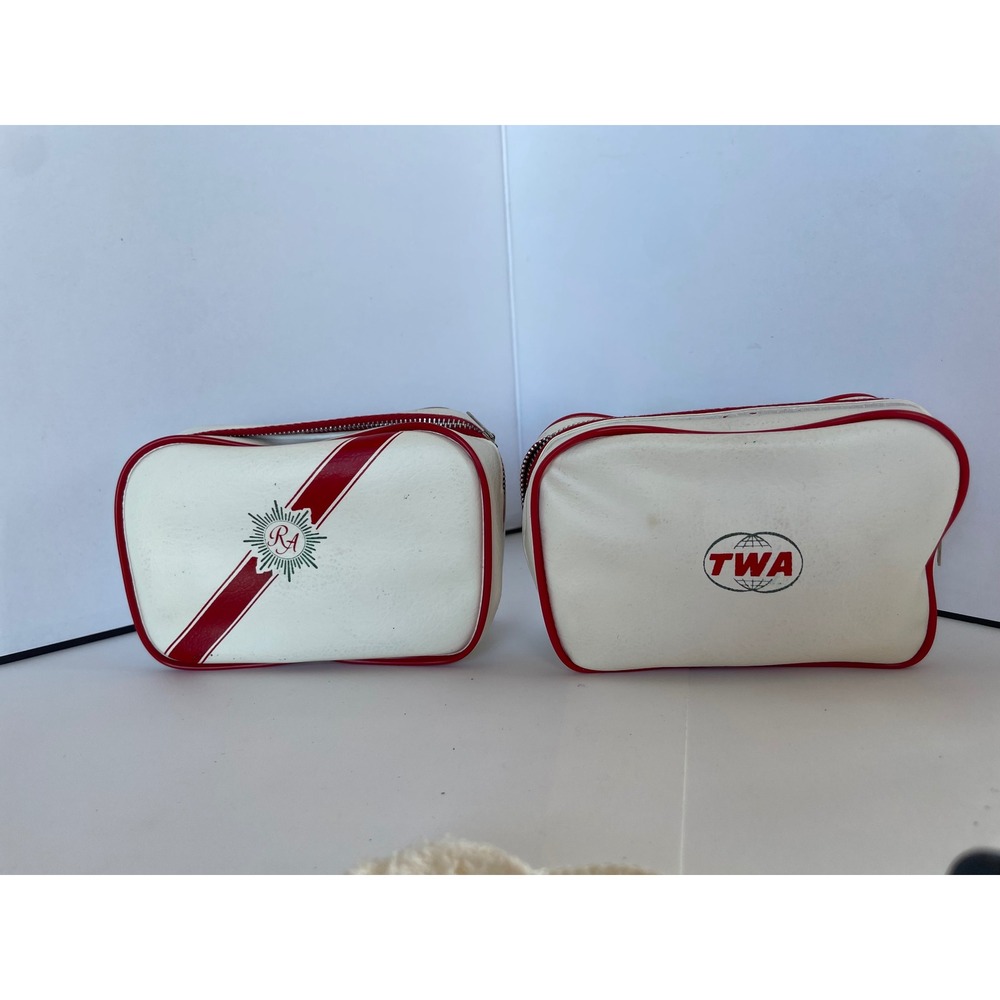 Vintage TWA Trans World Airlines White Vinyl Travel Kit Amenity Bag Red Piping